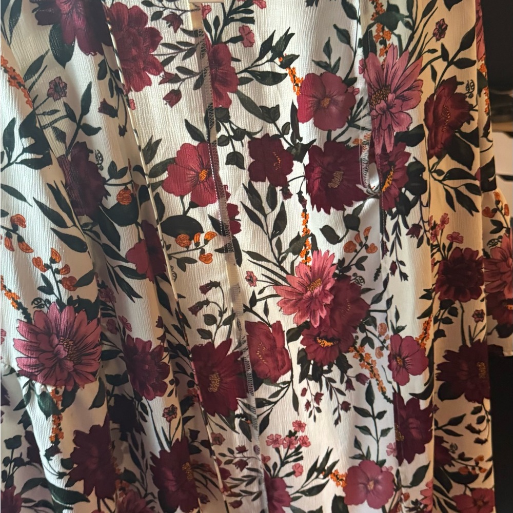 Floral Print Kimono with Burgundy and Orange Accents